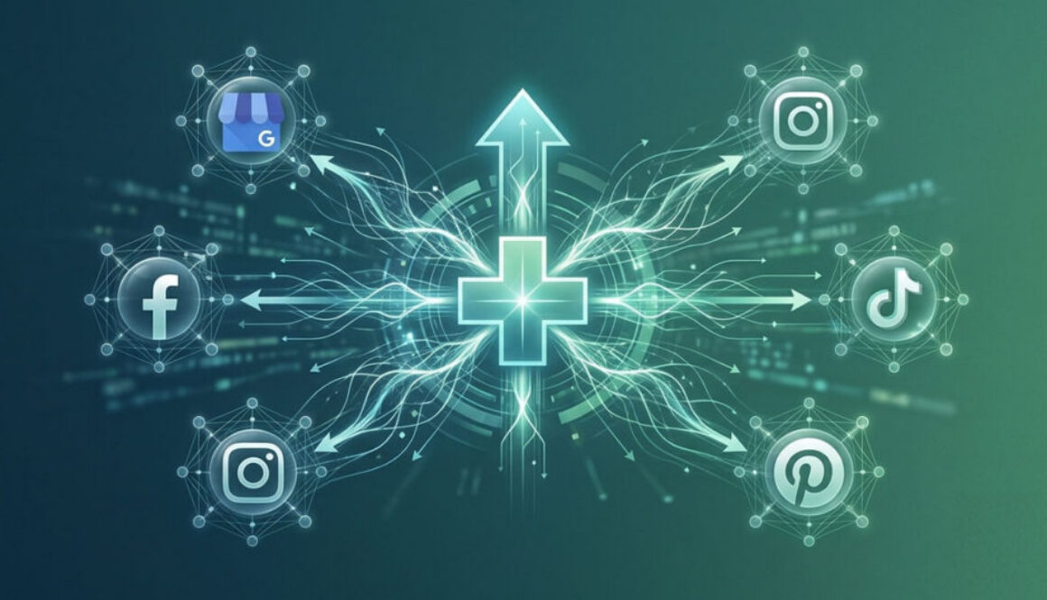 A conceptual illustration showing a central message radiating outward to multiple social media and search platform icons, representing the dissemination of addiction treatment information.