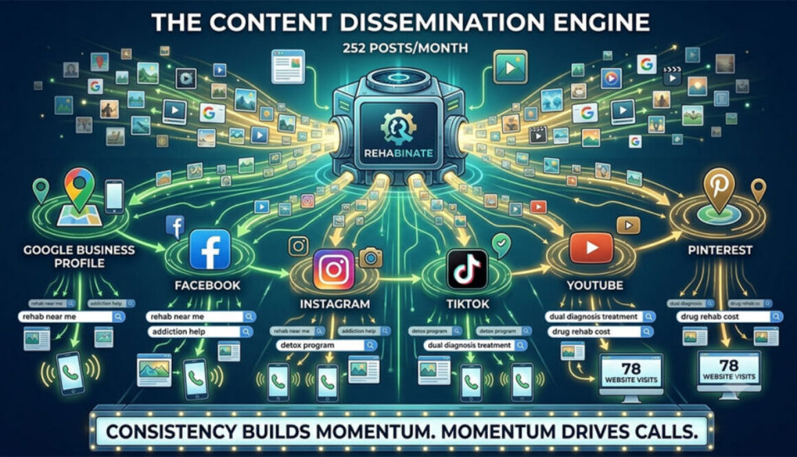 An infographic conceptual illustration of the Rehabinate Content Dissemination Engine, showing 252 monthly posts spreading daily across six major platforms like Google Business Profile and TikTok, populating search bars and converting searches into rehab inquiries.