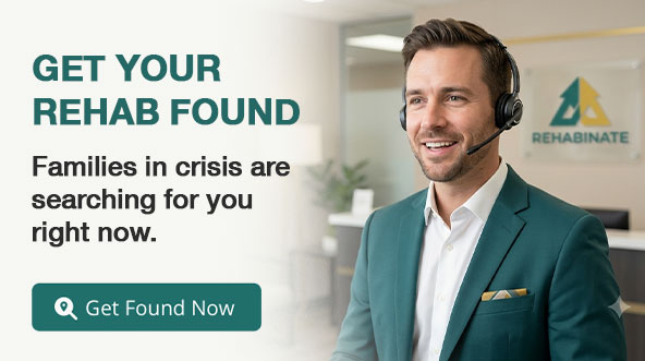 Sidebar banner for Rehabinate marketing services, featuring a focused receptionist and a call to action to dominate local search.