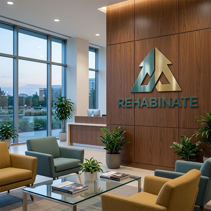 Professional, welcoming lobby of Rehabinate addiction treatment marketing agency with cityscape views.