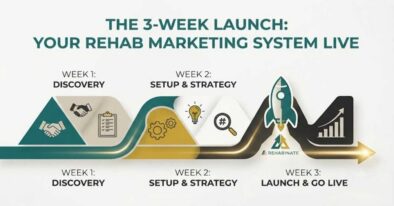 A conceptual roadmap infographic showing a 3-week streamlined launch process for rehab marketing services, moving from discovery to strategy and finally to daily posting.