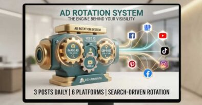 A conceptual marketing engine graphic illustrating a strategic daily ad rotation system with 3 posts distributed across 6 platforms.