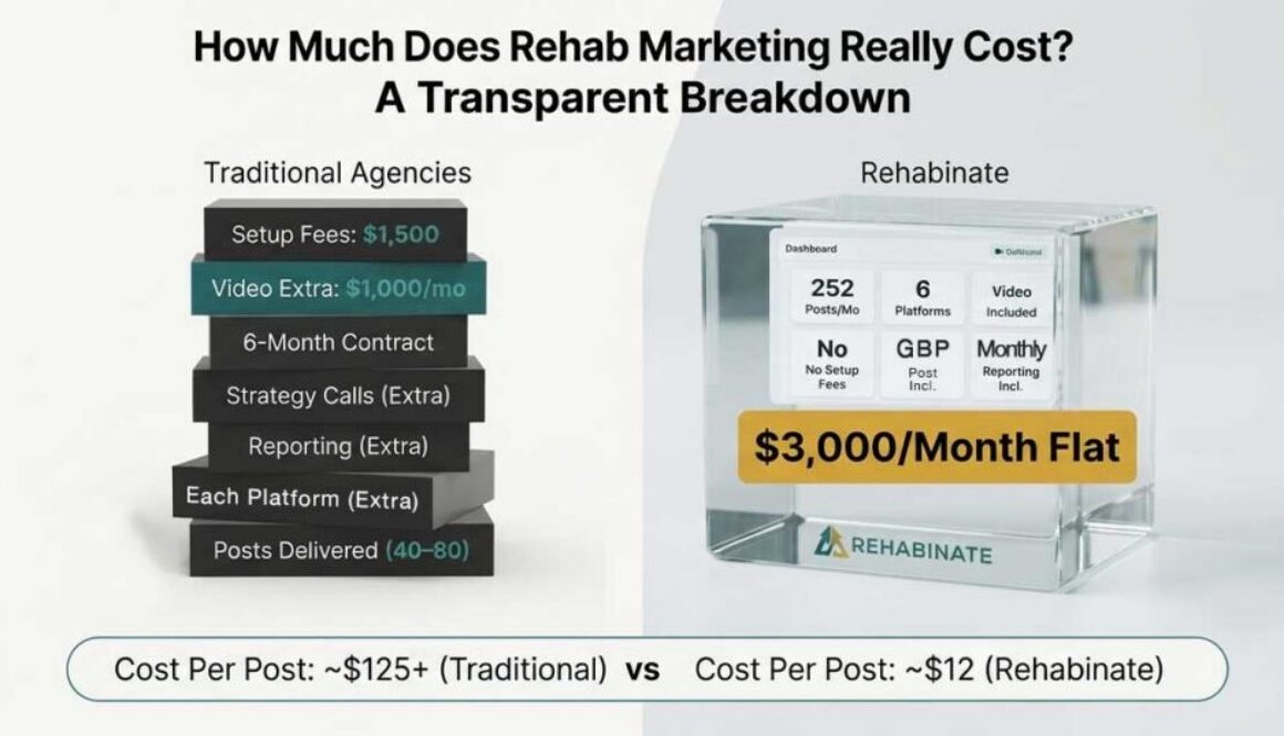 A transparent cost comparison infographic showing traditional rehab marketing agencies versus Rehabinate's flat monthly pricing and post delivery.