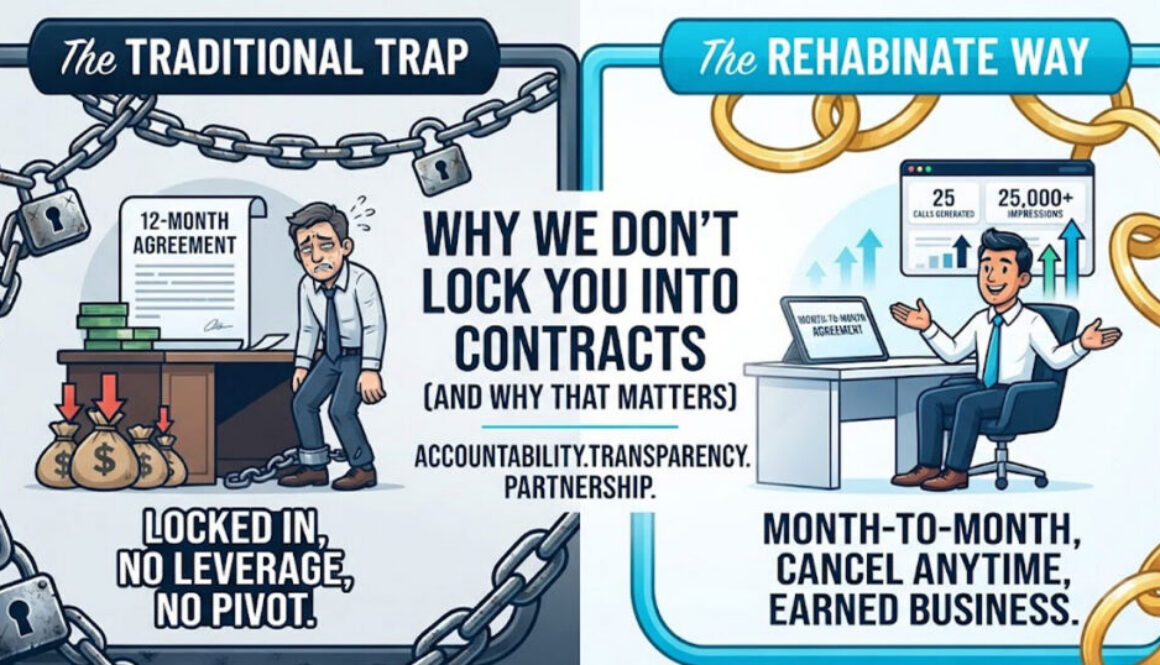 Infographic comparing traditional long-term rehab marketing contracts with Rehabinate's month-to-month transparent partnership.