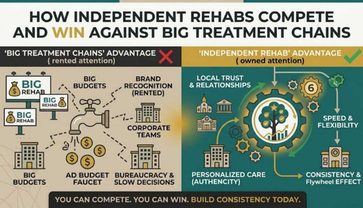 Infographic contrasting corporate rehab chain ad budgets with independent rehab local trust, speed, and consistent organic content.