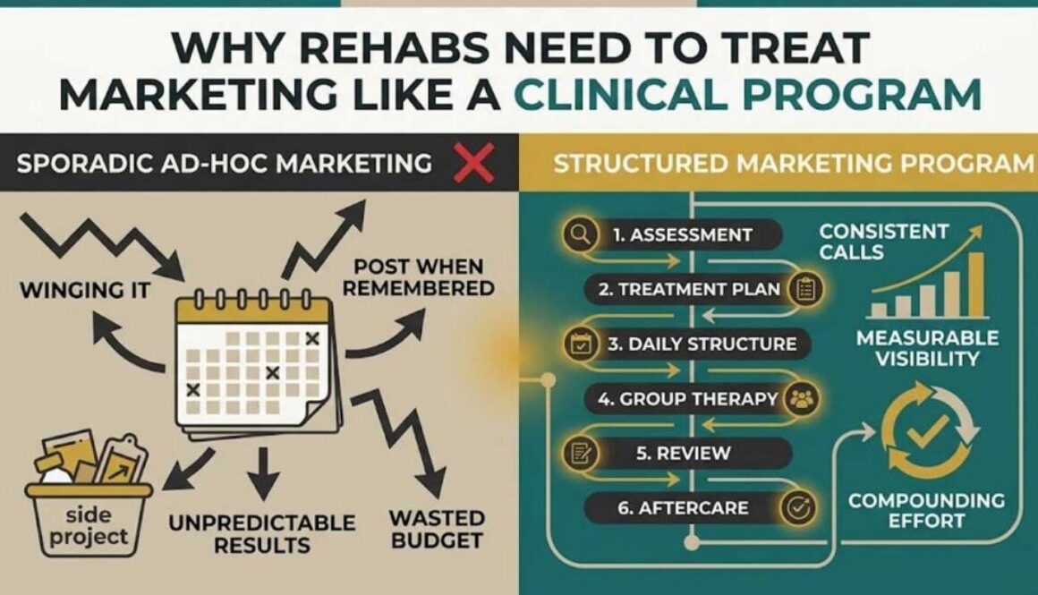 Infographic contrasting sporadic, winging-it rehab marketing with a structured, clinical-grade marketing program.