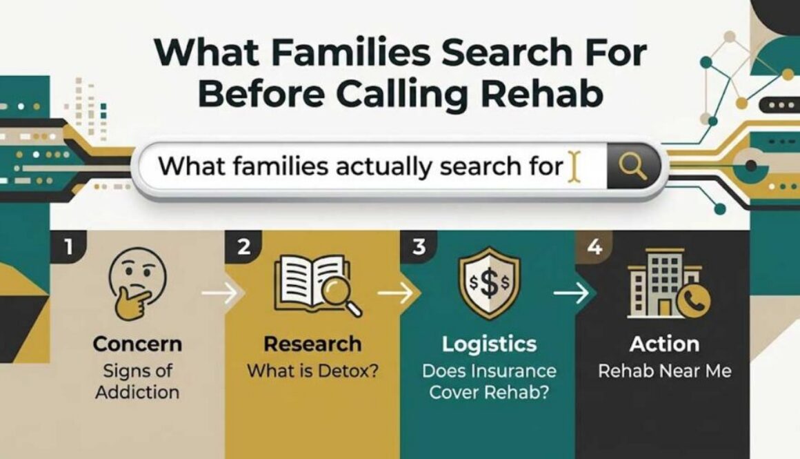 Infographic mapping the 4-stage search journey of families searching for rehab from initial concern to final call.