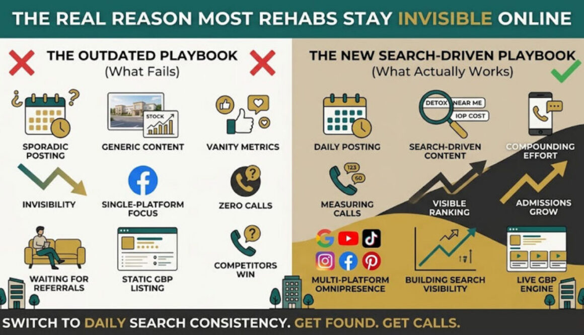 Infographic contrasting the outdated marketing playbook of sporadic posts and vanity metrics with the new search-driven playbook of daily multi-platform distribution.