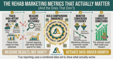 5-step horizontal process infographic detailing how rehabs measure high-intent actions, search relevance, and conversion efficiency instead of vanity metrics.