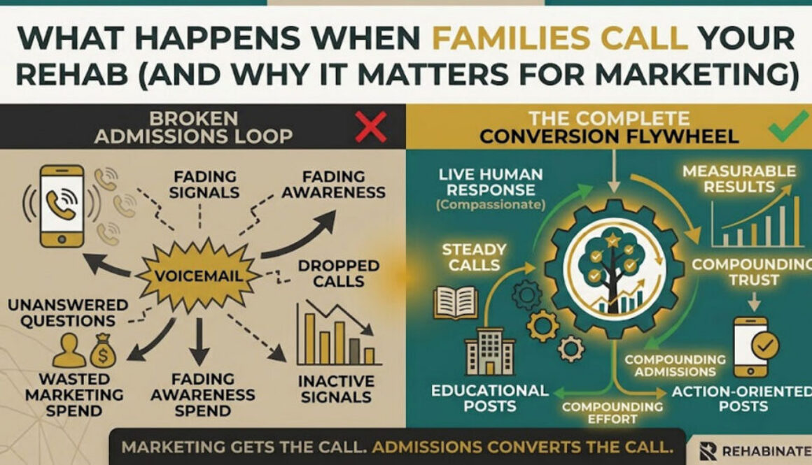 Infographic contrasting a broken rehab admissions phone handling process with a unified marketing-to-admissions conversion system.