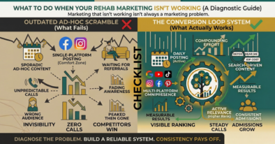 Infographic displaying a diagnostic marketing checklist comparing an outdated ad-hoc scramble with a systematic conversion loop system.