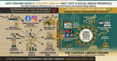 Infographic contrasting temporary social media profiles with an owned content library of search-driven assets that build compounding authority.