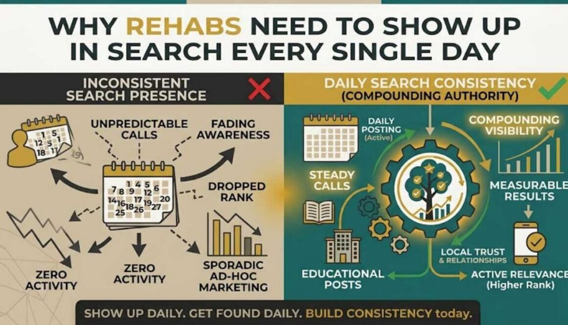 Infographic contrasting an inconsistent search presence with the compounding authority and steady calls from daily search posting.