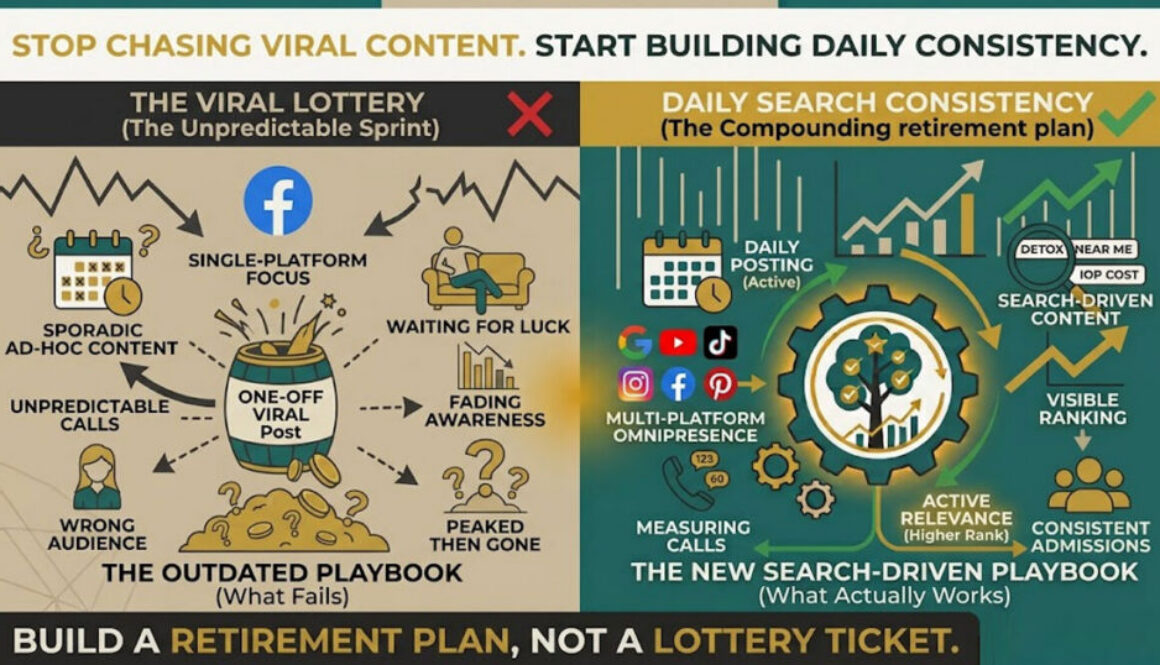 Infographic comparing the unpredictable nature of chasing viral posts to a daily search-driven content strategy that builds compounding admissions.