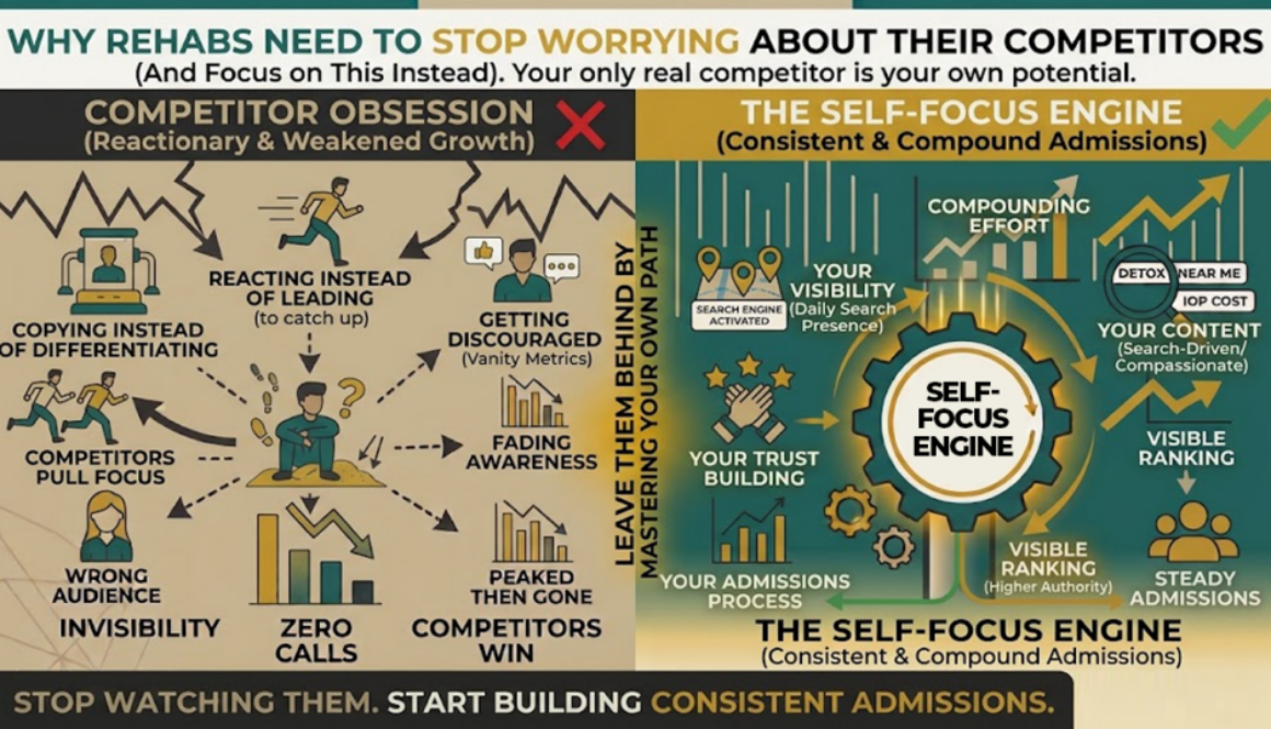 Infographic contrasting competitor obsession and reactionary tactics with a self-focus engine that drives consistent compounding admissions.