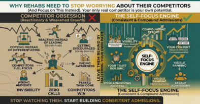 Infographic contrasting competitor obsession and reactionary tactics with a self-focus engine that drives consistent compounding admissions.